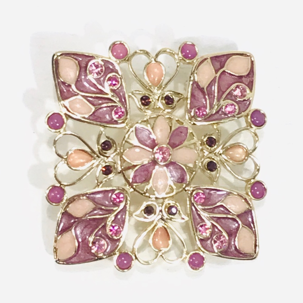 Owl Brooch, Gold Toned, Mauve, Pink